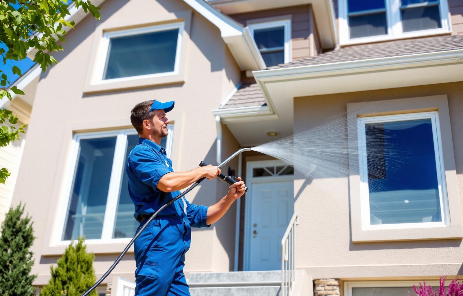 Exterior Wizards technician soft washing a residential home